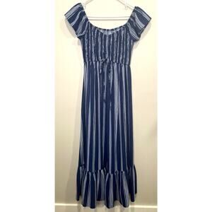 Cupshe Striped Off-Shoulder Ruffled Maxi Dress Navy White Nautical Women's Sz Sm